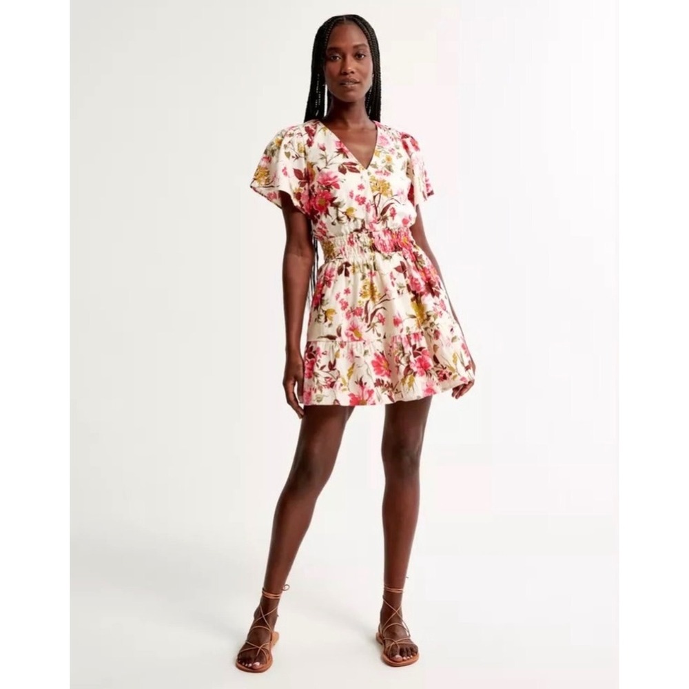 Abercrombie & Fitch Pink Floral Linen Blend V-Neck Smocked Mini Dress XL Pockets